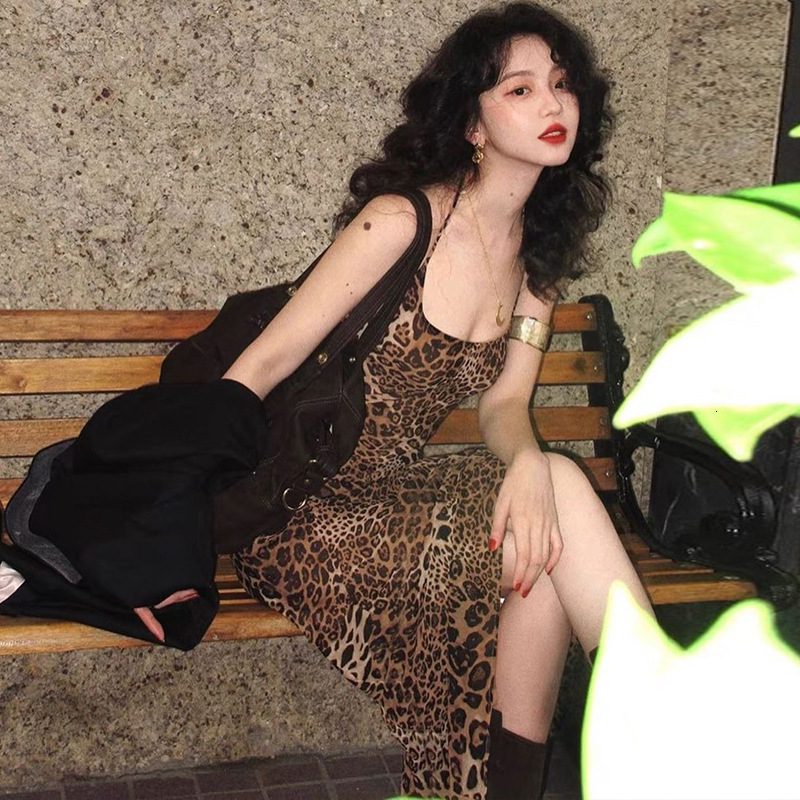 Women's New4 Summer New Fashion Sexy Off Back Lace Up Leopard Print Dress
