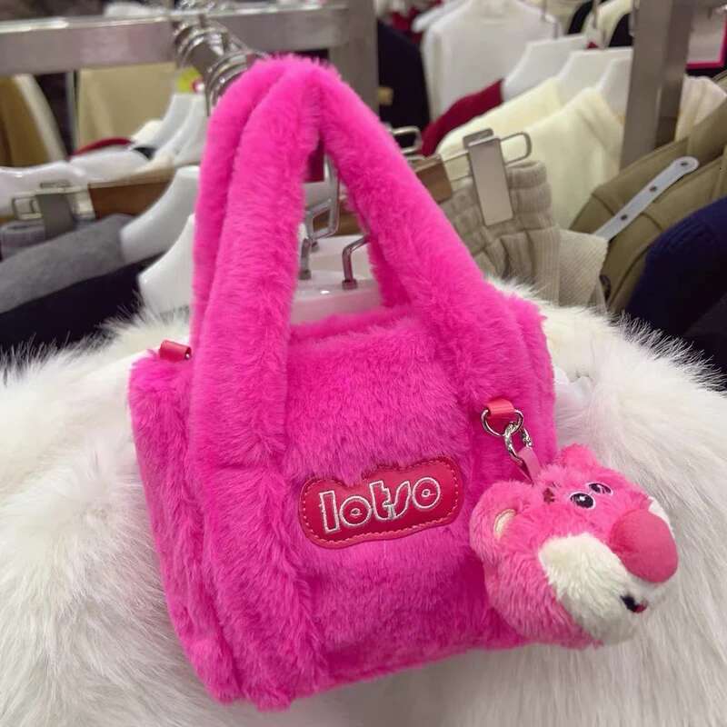 Fashion Faux Fur Small Tote Bags For Women Designer Handbag And Purse New In Letter Cartoon Bear Top Handle Shoulder