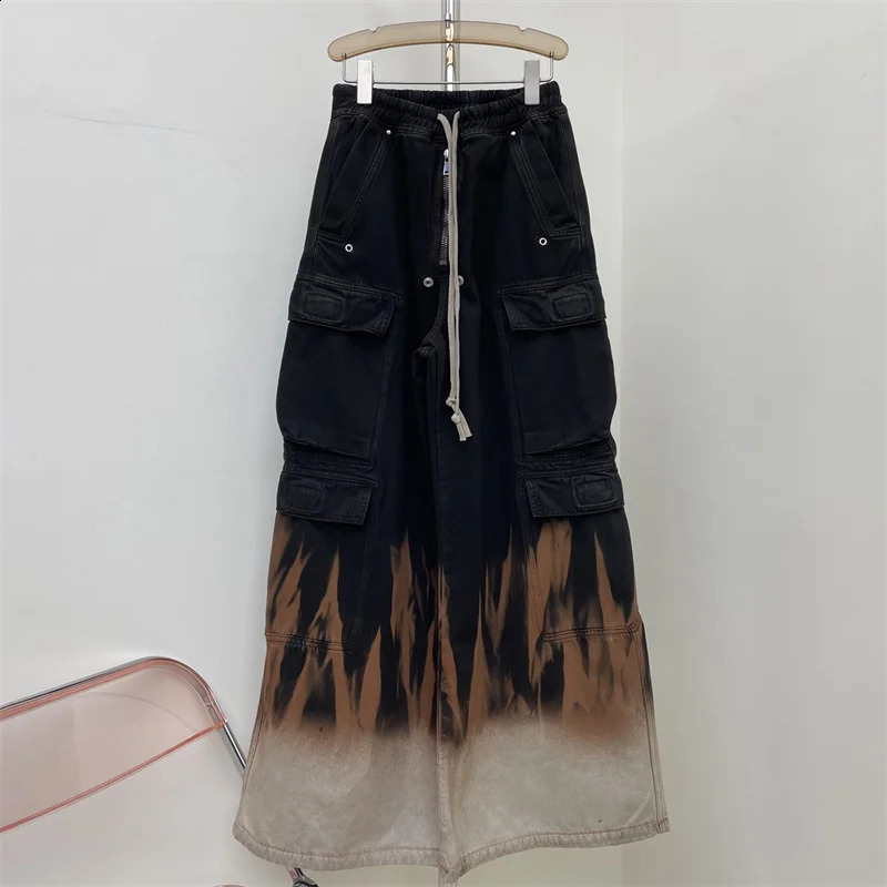 Womens jeans flame dyed multi pocket cargo pants for spring Womens pants Couple style loose cotton wide leg pants y2k 250224