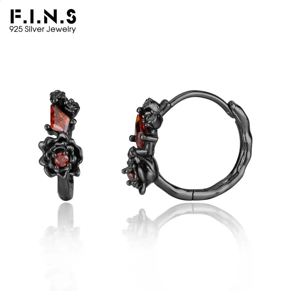 F. I.N.S Original S925 Pure Silver Black Rose Ring Earrings for Womens Small Fashion Red Zirconia Earrings Exquisite Jewelry 250228