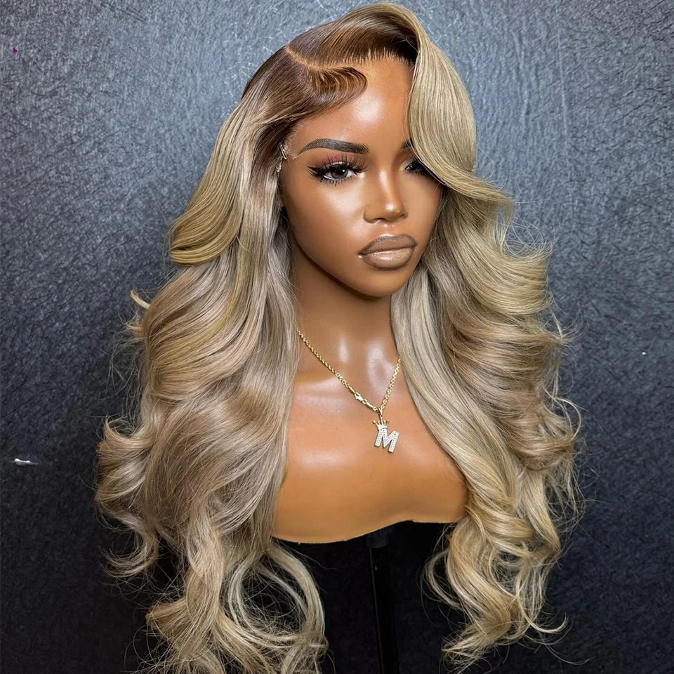 Ombre Blonde With Dark Roots Colored 5X5 Closure Wig For Women Human Hair Body Wave Ombre Ash Blonde 13X6 13X4 Lace Frontal Wig