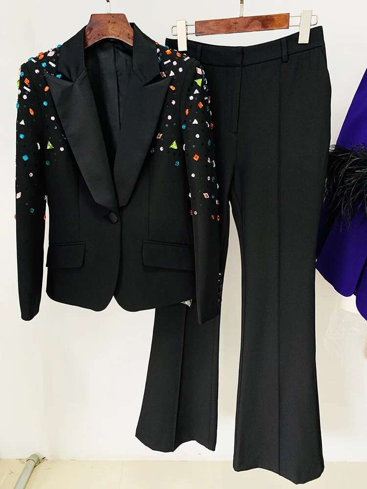 HIGH STREET Newest 2024 Designer Runway Fashion Suit Women's Slim Fitting Strass Dias Beaded Blazer Pants Set