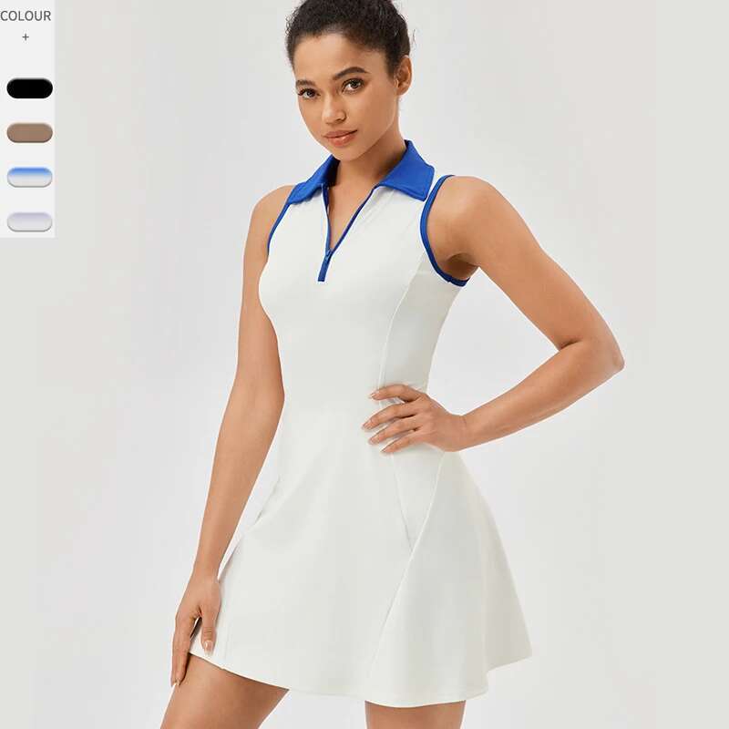 Women Summer Tennis Solid Color Lapel Slim Fit Running Skirt Breathable Quick Dry Golf Dress Yoga Wear Workout Clothes