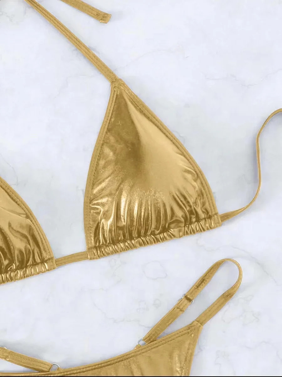 Metallic PU Leather Extreme Mini Thong Bikini Female Swimsuit Women Swimwear Twopieces Set Halter Bathing Suit Swim Lady 250227