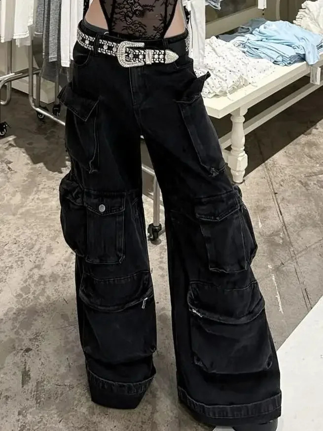 Casual jeans American washed multi-pocket work jeans Y2K retro womens street black straight-leg loose wide-leg pants 250224