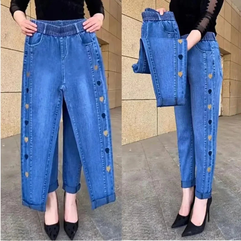 WinterEmbroidery Jeans Womens Elastic High Waist Jeans 5XL FashionWomen Black Blue Pocket Mom Jeans Skinny Stretch Pants Women 250225