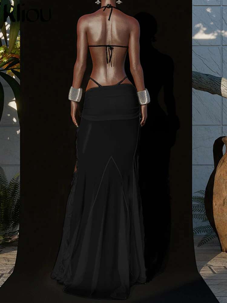 Kliou Mesh 3 Piece Set Women Sexy Vacation Slash Neck Tank Tops+Basic Underpants+Ruched Split Maxi Skirts Mujer Matching Suits