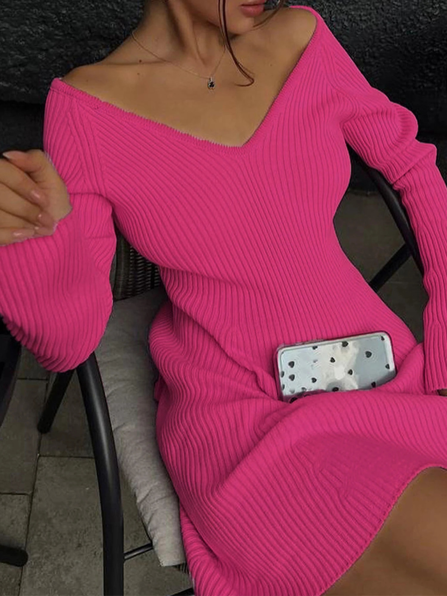 wsevypo Womens Long Sleeve Knitted Dress Fashion Basics Off Shoulder V Neck High Waist A Line Short for Party Club Work 250227Z