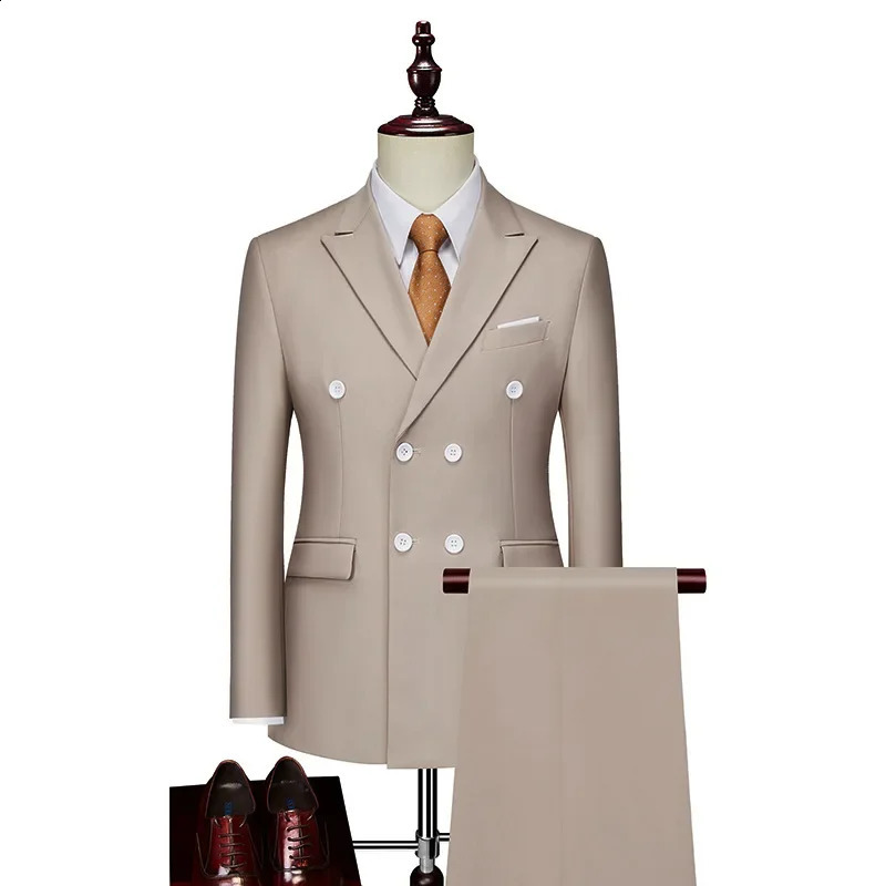 Mens Business Casual Suit Double Breasted Western Style Clothes Set Color Korean Slims Smooths Silhouette Banquet Gown Top 250224
