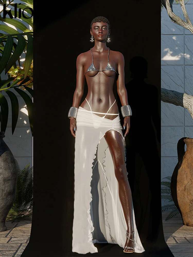 Kliou Mesh 3 Piece Set Women Sexy Vacation Slash Neck Tank Tops+Basic Underpants+Ruched Split Maxi Skirts Mujer Matching Suits