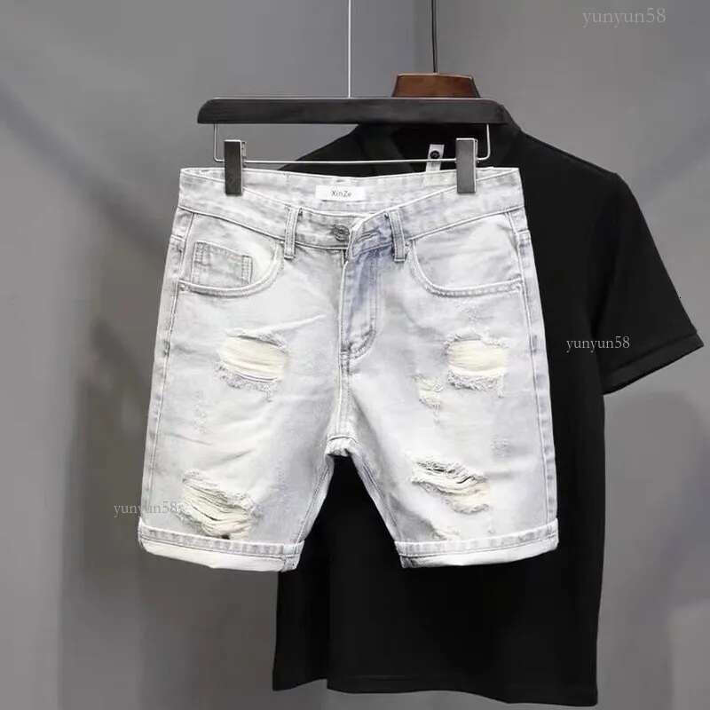 Jeans Korean Retro Men's Japanese Versatile Loose Straight Denim Shorts Casual Pants Boys White Color Short Ripped Hi