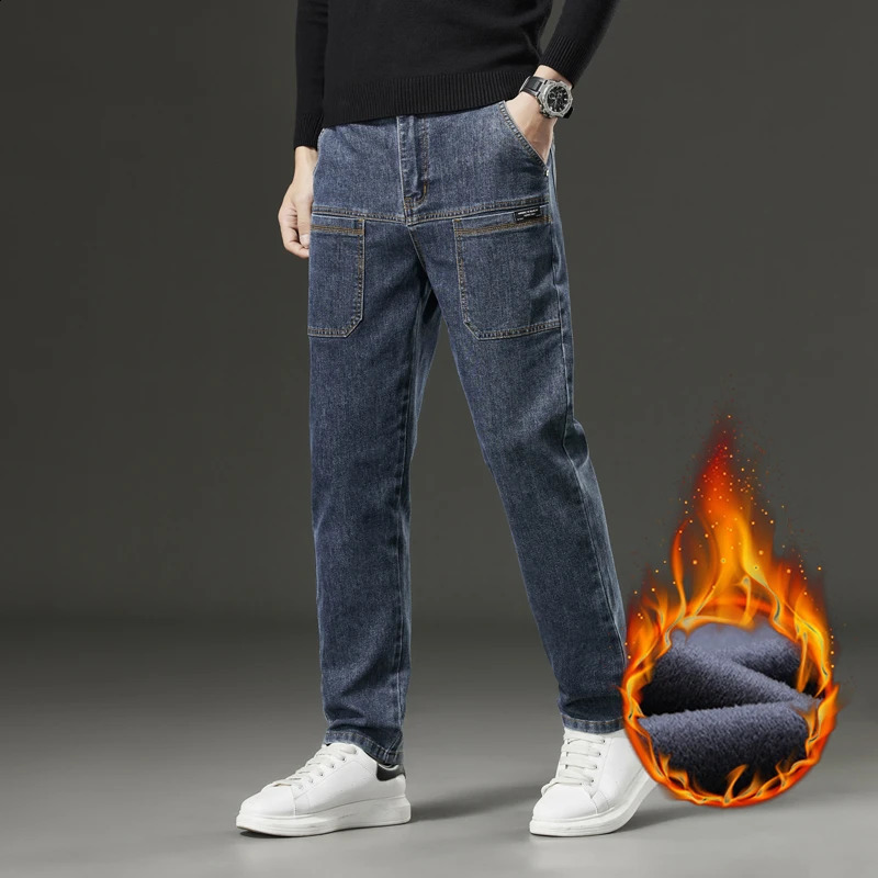 Winter Fleece Men Jeans Cargo Denim Pants Thicken Warm Korea Fashion Pocket Denim Pants Straight Plush Jean Womens Streetwear 250226