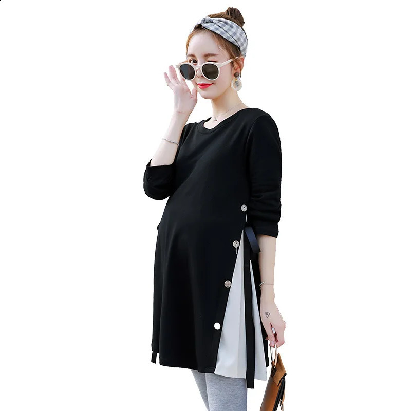 Korean Fashion Cotton Maternity T-shirt Casual Clothes for Pregnant Women Long Sleeves Pregnancy Tops Plus-Size Spring 250228
