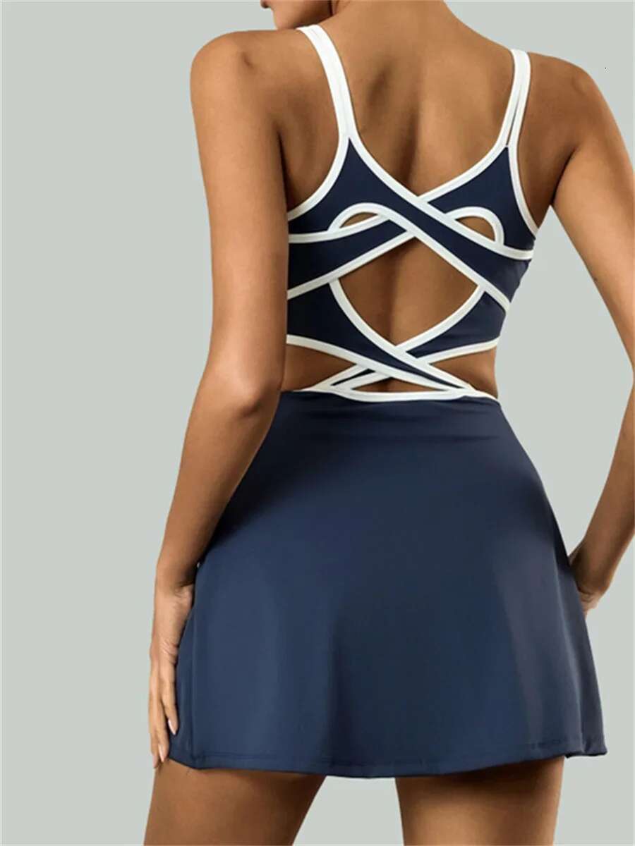 Tennis Dress Women Sleeveless Push Up Padded Sport Dresses Training Running Fiess Hollow Out Backless Slim Badminton Suit