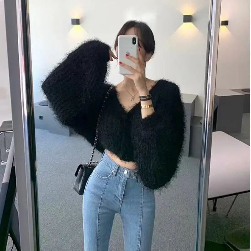Womens Yellow Mink Cashmere Knitted Cardigan Vneck Velvet Mohair Sweater Coat Longsleeved Wild Plush Singlebreasted Crop Tops 250225