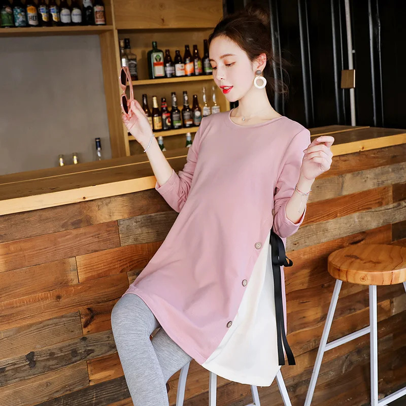 Korean Fashion Cotton Maternity T-shirt Casual Clothes for Pregnant Women Long Sleeves Pregnancy Tops Plus-Size Spring 250228