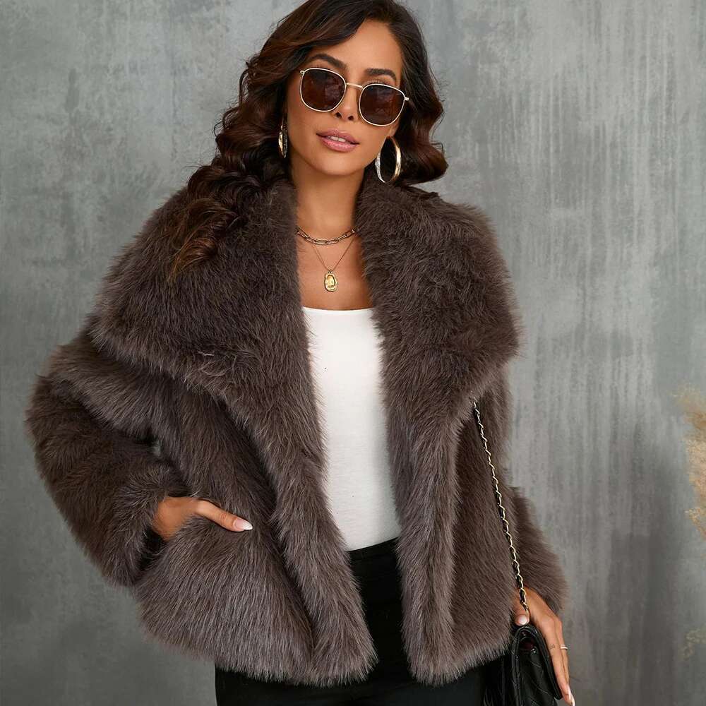 Faux Fur Short Coat for Women, Turn-down Collar, Long Sleeve, Fox Fur, Fluffy Plush Coats, Casual Fashion, Autumn, Winter