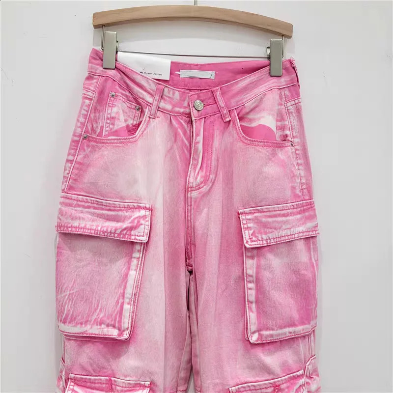 Multi pocket pink cargo jeans for women washed retro hip-hop luggage jeans casual wide leg straight jeans 250224