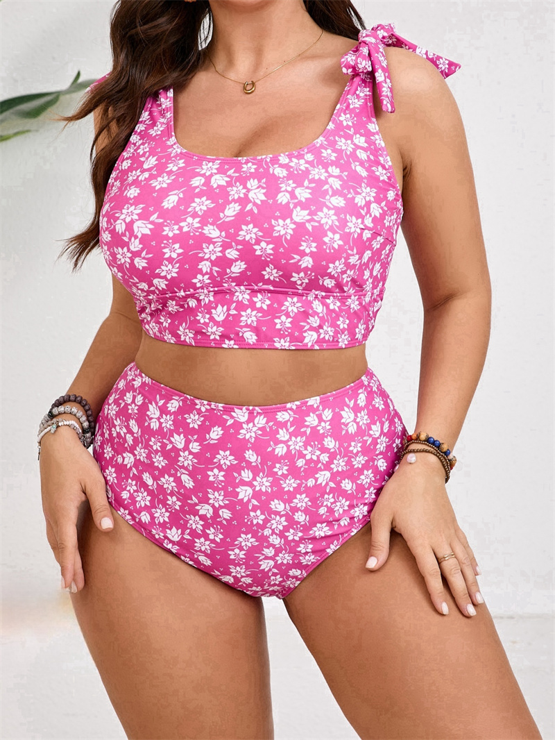 Women's Plus Size Floral Print Tie Strap Tops with High Waist Thong Tankini Sets