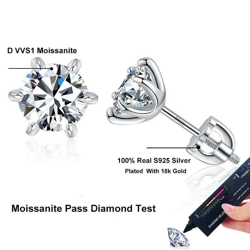 NeeTim 1ct 2ct Moissanite Screw for Women Sterg Sier with Gold Plated Dia Wedding Party Girl Stud Earrings