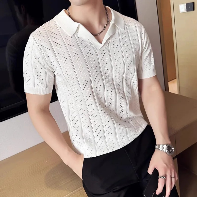 Minglu Knitted V Collar Mens Polo Shirts Spring Summer Short Sleeve Solid Color Hollow Out Casual Male T-shirts Man Tees 250228