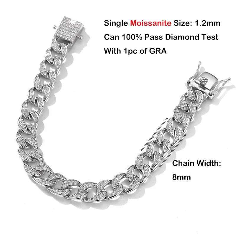 EWYA Full 1.2mm D Color Moissanite Cuban Chain Bracelet For Men Women S Sier Pass Dia Test 8mm Wide k Bracelets Gift