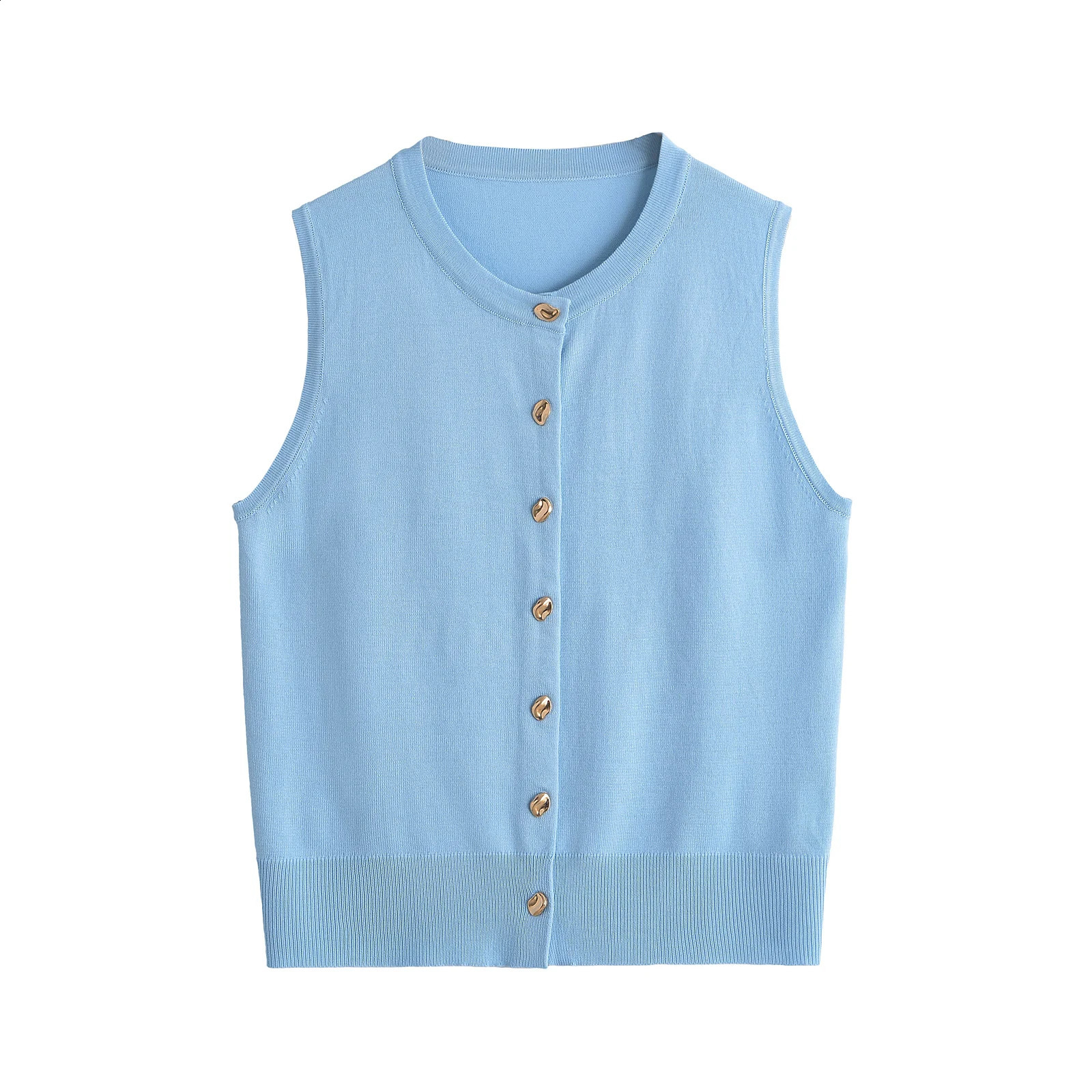 2025 Spring Womens Round Neck Sleeveless Multifunctional Casual Golden Single Breasted Knitted Vest 250224