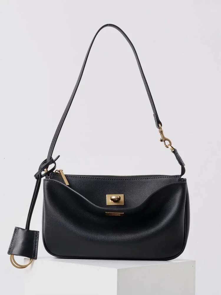 2025 Spring New Brand Rodeo Shoulder Genuine Leather Black Handbags Women Fashion Gold Buckle Underarm Bags