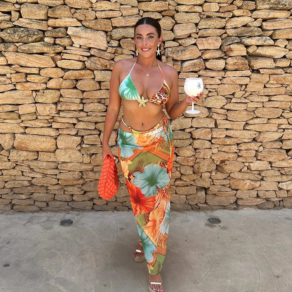 Sexy Print 3 Piece Micro Bikinis Women Swimsuit 2024 Swimwear With Long Sleeve Bathing Suit Beachwear Biquini Female 250228