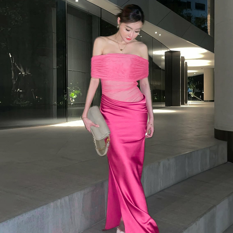 Hot Selling Women's Clothing New5 Spring/Summer New Product Fashionable And Sexy Perspective Splicing One Shoulder Dress