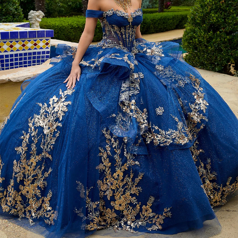 Royal Blue Shiny Quinceanera Dresses Ball Gown Off Shoulder Gold Applique Lace Beads Bow Tull Corset Sweet 16 Dress Vestidos 15 De Anos