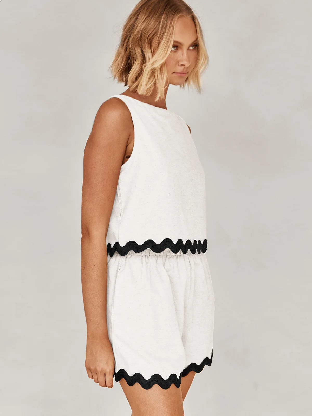OSEN Casual Linen Women Suits 2 Pieces sleeveless topHigh Waist Wide Leg Shorts Fashion Summer Streetwear Sets 250225