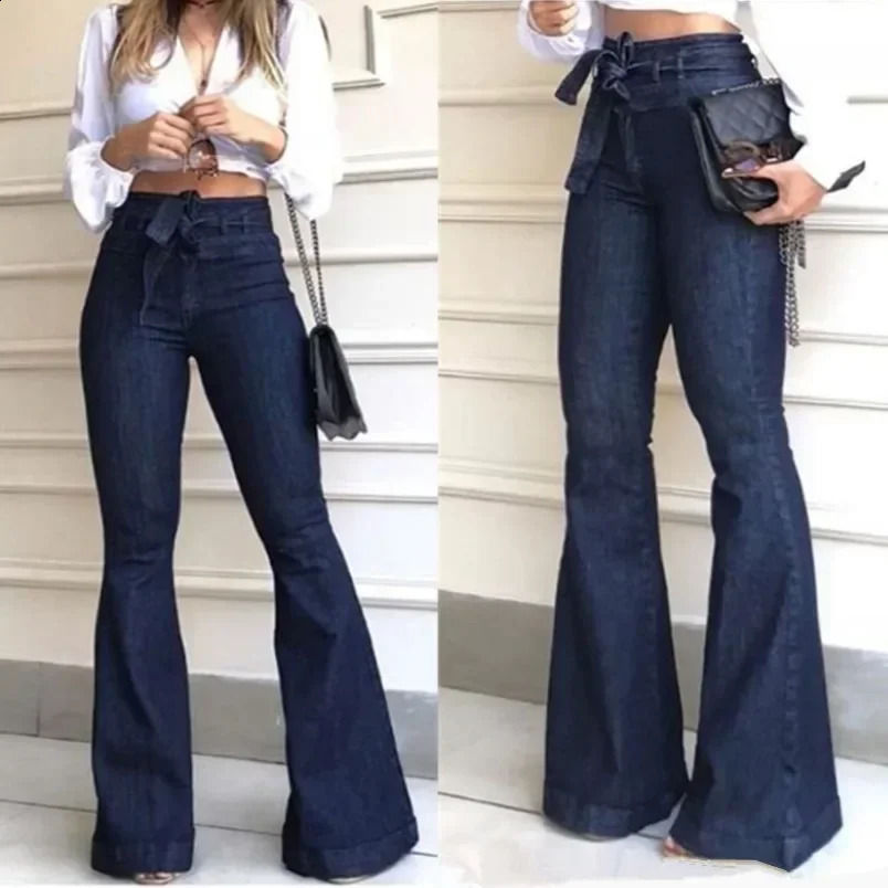 Womens Jeans Solid Color High Waist Flare Pants Zipper Fly Flat Pockets Streetwear Slim Patchwork Button Slight Strech Belt 250225