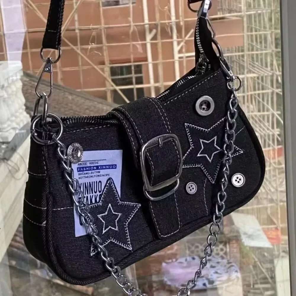 Y2k Women's Handbags Stars Pattern Cool Girls Underarm Bag Fashion Canvas Female Small Shoulder Bags Chain Tote Purses