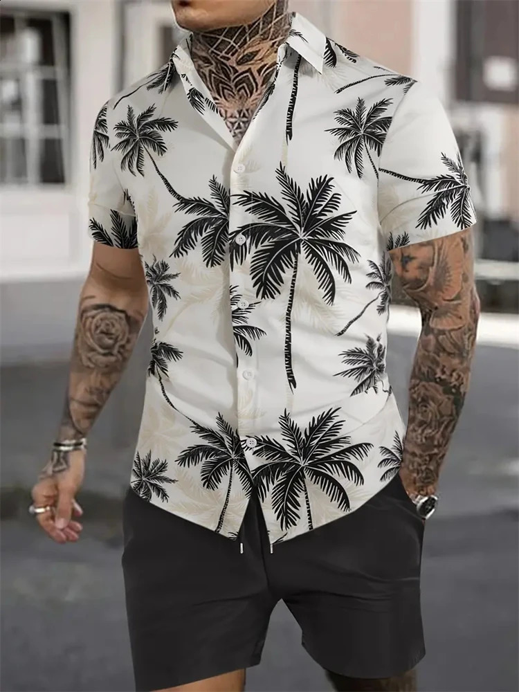 Men Coconut Print Shirt Set High Quality Fashion Trend Shorts Hawaiian Style Leisure Pool Top Outdoor Beach 2-Piece Set 250225