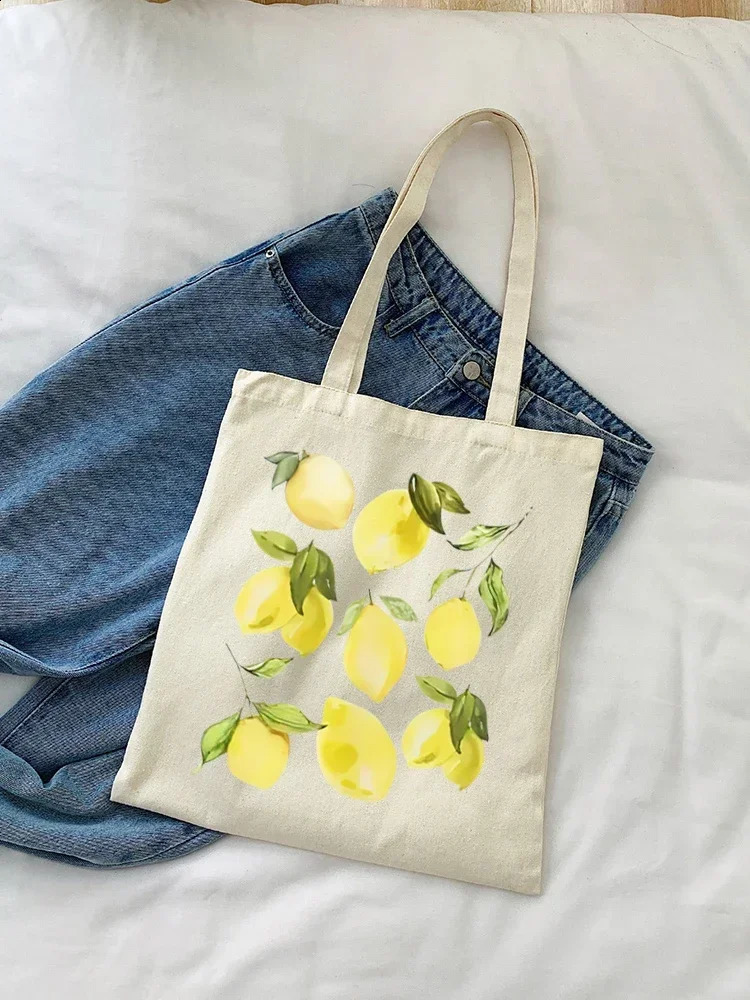 1pc Fruit Lemon Pattern Women Shopper Bags Tote Bag Canvas Plant Travel Shoulder Handbag Shopping 250221