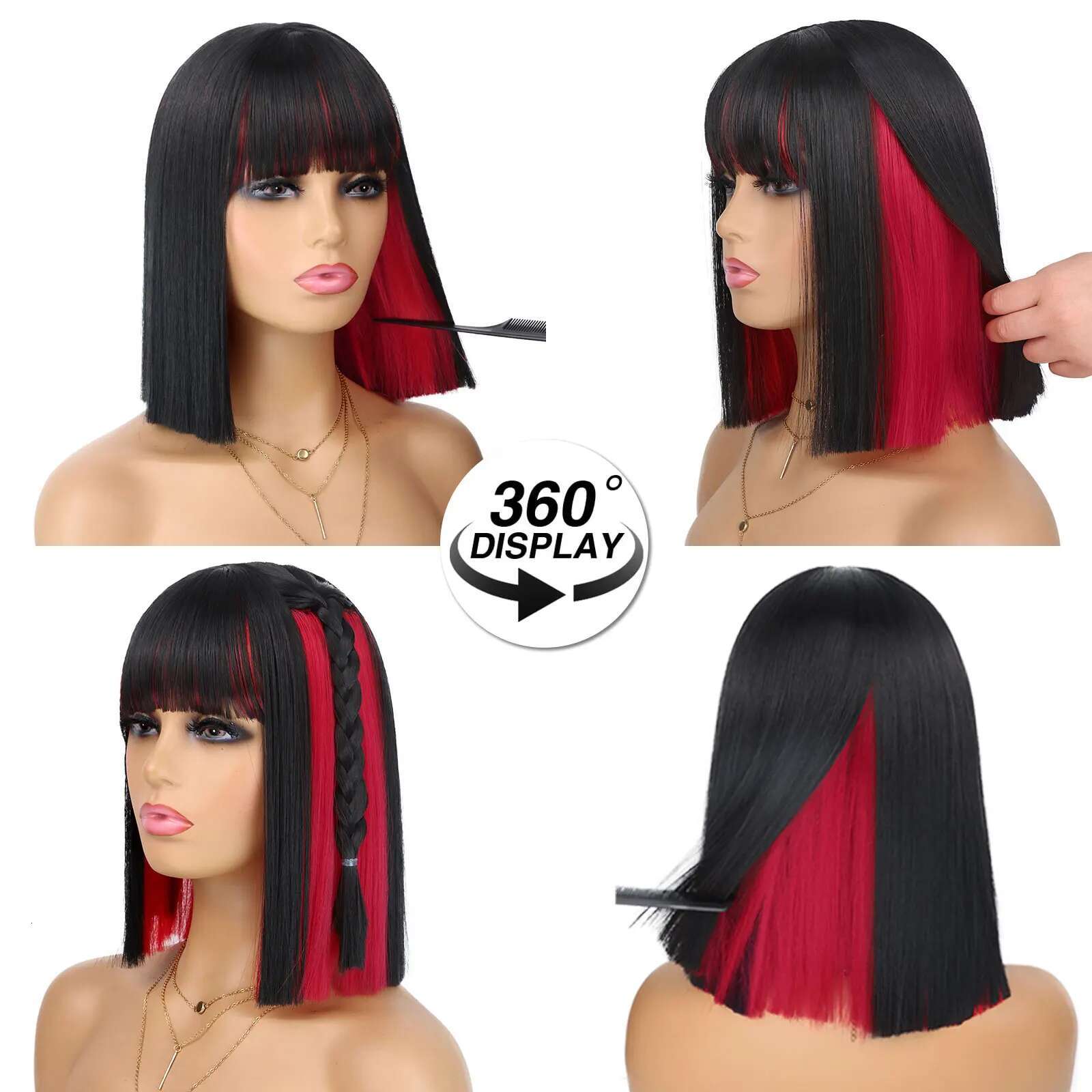 Synthetic Short Straight With Bangs Women Peekaboo Wigs Two Color Bob Wig For Daily Party Use