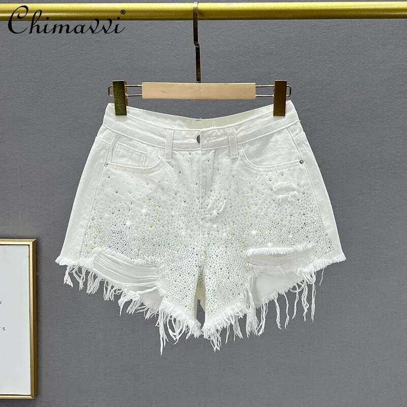 Heavy Ripped Denim Shorts Women's Hot 2023 Summer New High Waist Slimming European Color Rhie Jean Wide Leg Pants