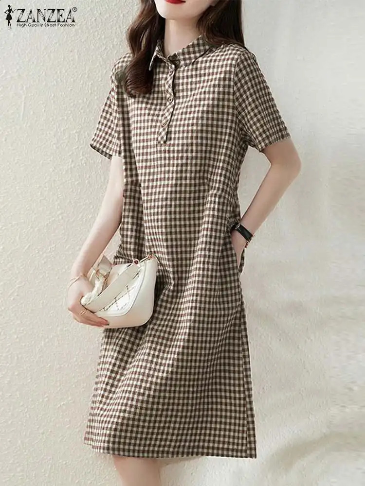 ZANZEA Women Plaid Long Shirt Dress Summer Short Sleeve Midi Dress Fashion Office Lapel Neck Robe Casual Loose Lady Dress 250226