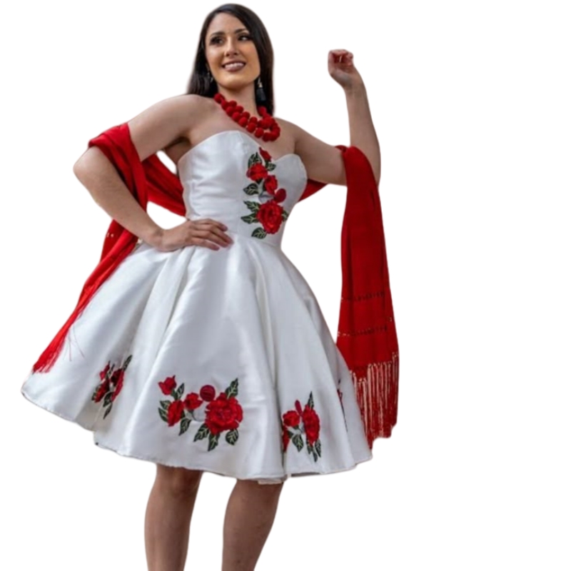 Simple Knee Length Short A-Line Prom Dresses With Red Floral Embroidery A-Line White Homecoming Dress Special Occasion Gown