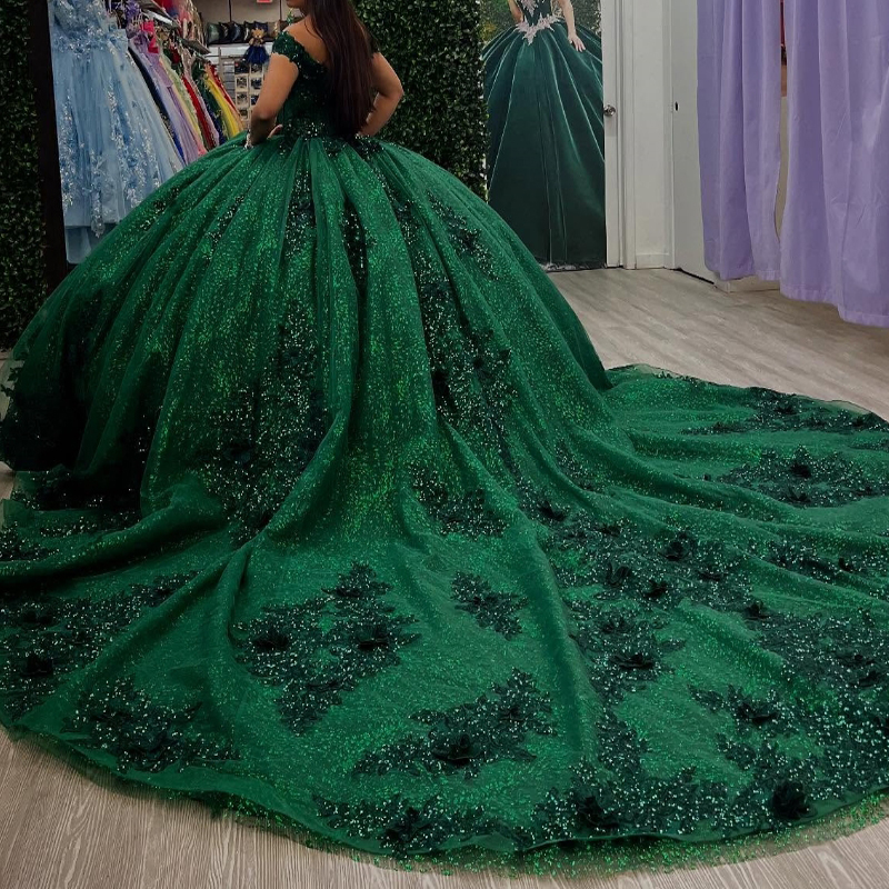 Blackish Green Shiny Quinceanera Dresses Ball Gown Off Shoulder Applique Lace Beads Tull Sweet 16 Dress Vestidos 15 De Anos