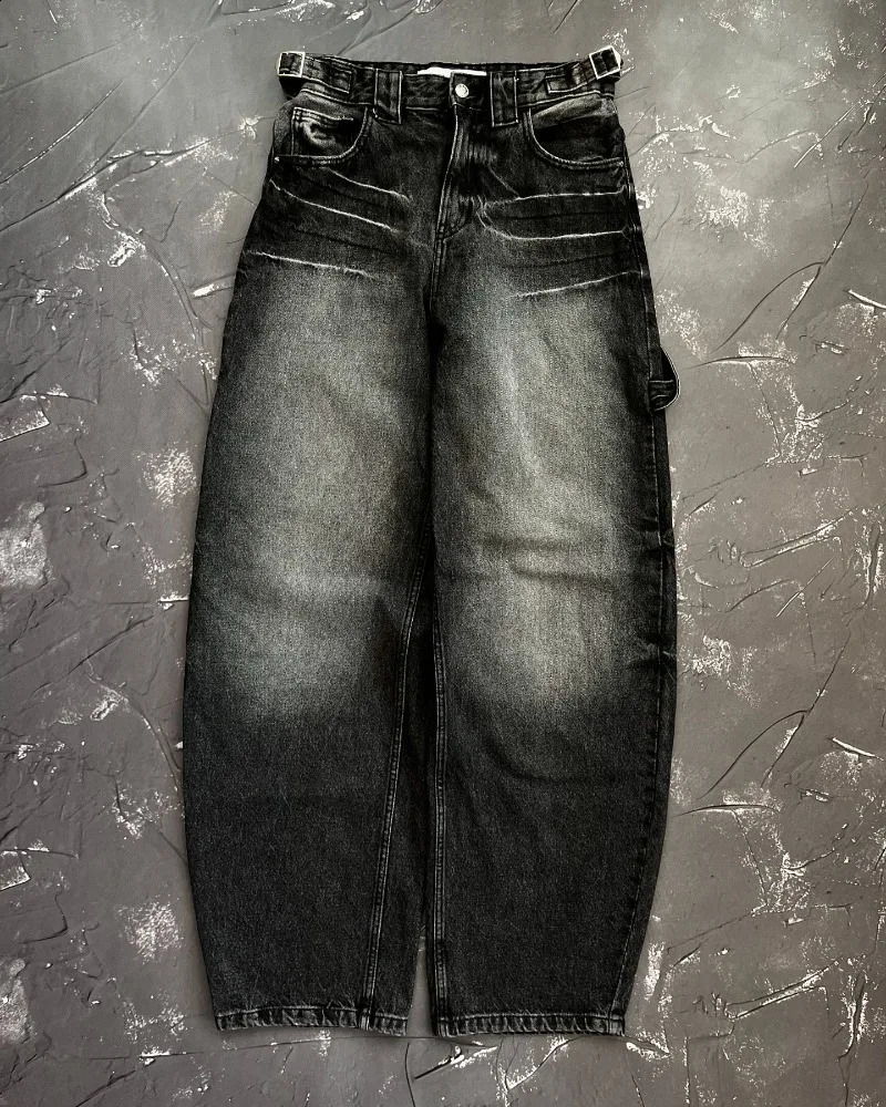 American fashion trend multi pocket washed straight jeans for womens street Y2K hip-hop loose mop wide leg jeans unisex jeans 250224