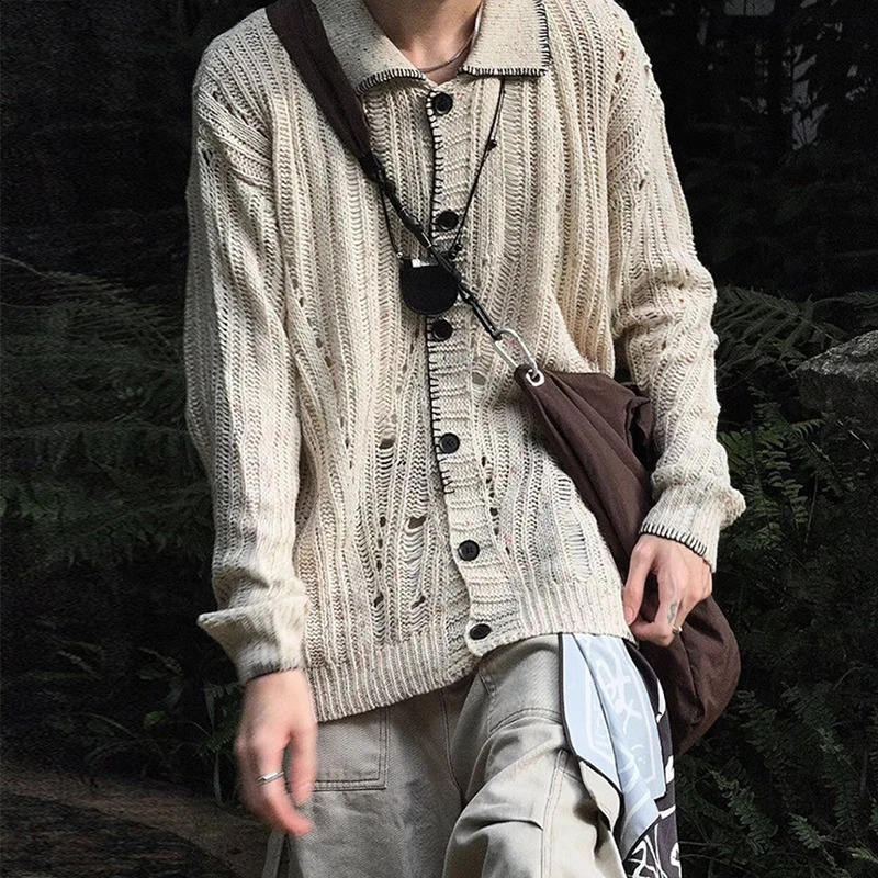 Spring Fall Trendy Mens Knit Shirts Fashion Hollow Out Solid Color Button-up Knitting Cardigans Men Clothes Vintage Shirts 250224