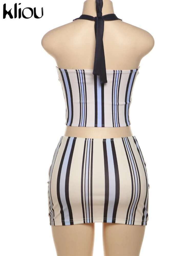 Kliou Stripe Print Matching 2 Piece Set Women Summer Fashion Halter Lapel Low Neck Slim Tanks+Mini Skirts Female Street Clubwear