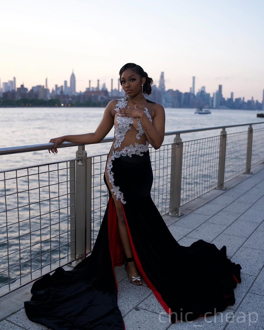 Black Mermaid Prom Dresses 2025 Lace Sheer Neck Velvet High Split Evening Formal Party Second Birthday Engagement Gowns Plus Size Dress For Special Oc