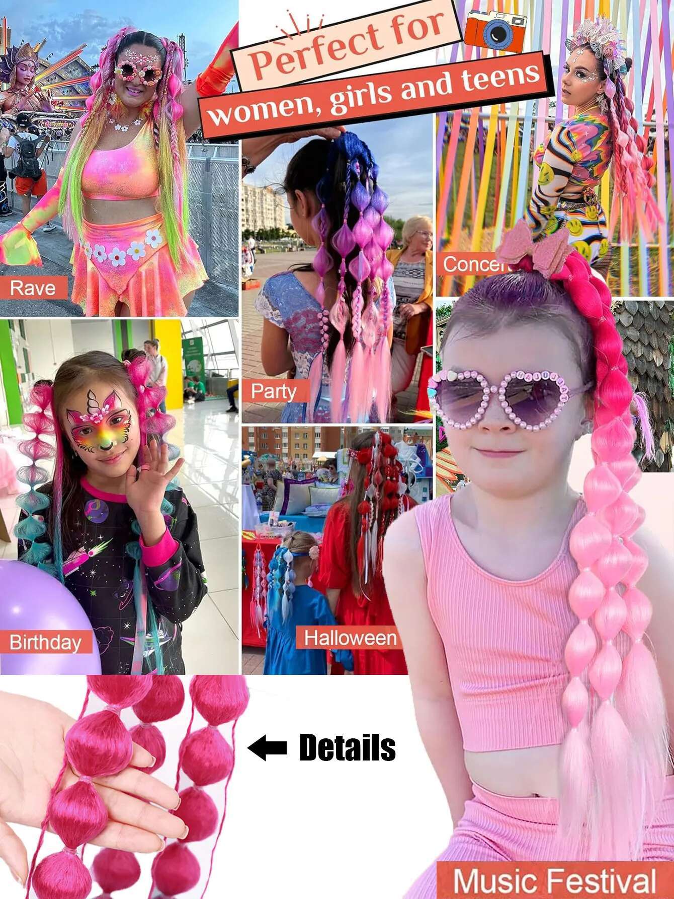 Synthetic Extensions 24" Colored Bubble Y2k Ponytail With Hair Tie For EDC Festival Rave Accessories