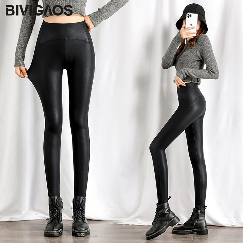 BIVIGAOS Autumn Winter Black Fleece Matte Leather Leggings Women High Waist Sexy Motorcycle Pants Slim Skinny Warm Leggings 250225
