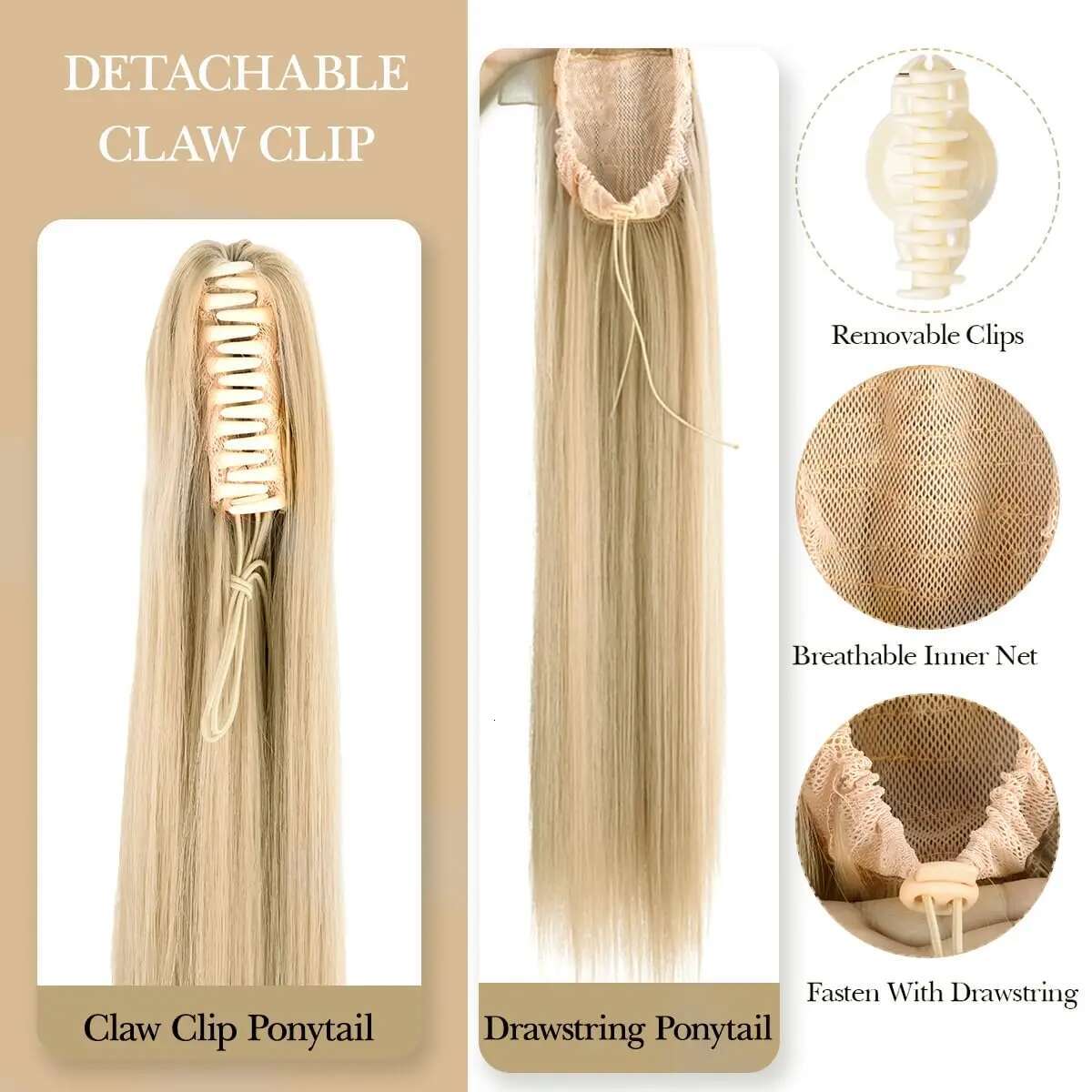 Synthetic Hair Extension Long Straight Claw Clip Ponytail Heat Resistant Natural Wave For Women Blonde Hairpiece