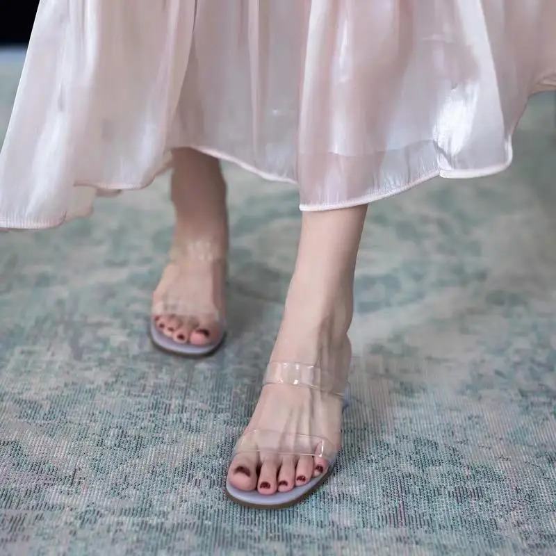 Peep Toe Womens Summer Slippers est Style Fashion Thick Heel Women Slippers Mid-heel Transparent Female Sandals 250228