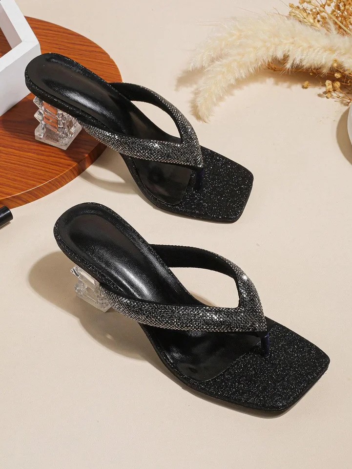 Summer brown rhinestone flip flops womens clip toe sandals for outdoor wear beach shoes dance shoes wedding crystal heels 250218